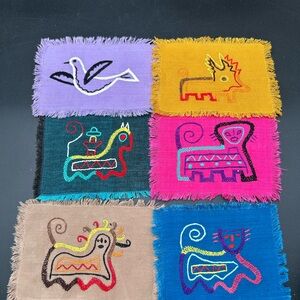 Mid century modern Colorful Embroidered Textile coasters set of 6